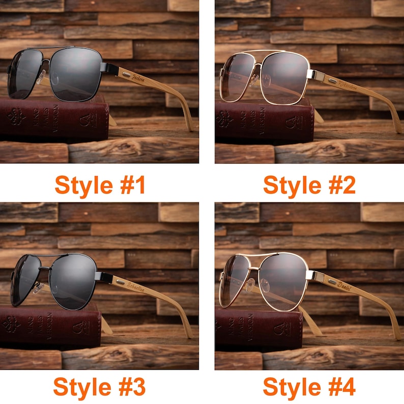 May include: Four pairs of sunglasses with different frame and lens styles are displayed. Each pair has a unique design, with variations in frame color and lens tint. The text "Style #1", "Style #2", "Style #3", and "Style #4" is printed below each pair.