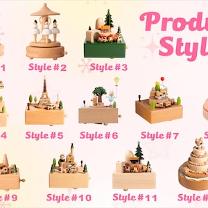 May include: A collection of twelve wooden music boxes, each with a unique design. Styles include a carousel, Ferris wheel, Eiffel Tower, and a tiered cake. The text "Product Style" is displayed in pink.