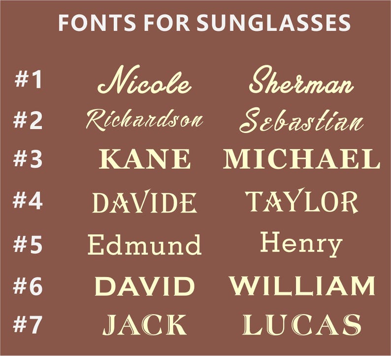 May include: A brown graphic with the text "FONTS FOR SUNGLASSES" at the top. Below are seven pairs of names in different fonts, including Nicole, Sherman, Richardson, Sebastian, Kane, Michael, Davide, Taylor, Edmund, Henry, David, William, Jack, and Lucas.