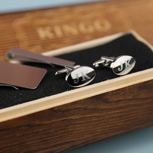 Trauzeugen Geschenk - Personalisierte ovale Manschettenknöpfe Krawattenklammer Geldscheinklammer Set mit Holz Box