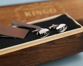 Groomsman Gift - Personalized Oval Cufflinks Tie Clip Money Clip Set with Wood Box
