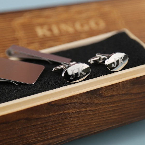 Groomsman Gift - Personalized Oval Cufflinks Tie Clip Money Clip Set with Wood Box