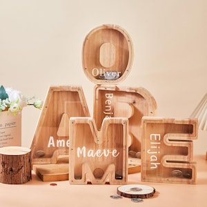 Alcancía de madera grande personalizada con letras para niños, regalo de madera para niños, alcancía con nombre personalizado, alcancía de madera con letras del alfabeto para cumpleaños