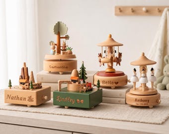 Personalized Wooden Music Box for Babies, Engraved Name Newborn Keepsake, Baby Shower Gift, Carousel Ballerina or Train