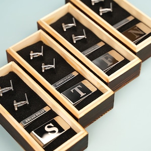 Groomsmen Gifts - Personalized Cufflinks Tie Bar Money Clip Set Wood Box