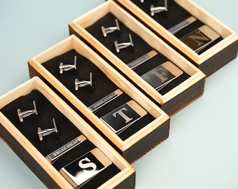 Groomsmen Gifts - Personalized Cufflinks Tie Bar Money Clip Set Wood Box