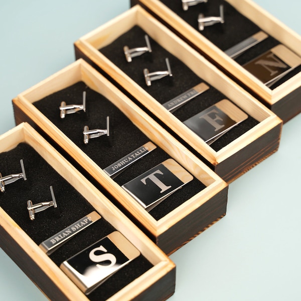 Groomsmen Gifts - Personalized Cufflinks Tie Bar Money Clip Set Wood Box