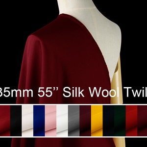 35mm silk wool twill fabric pure solid fabric 55&quot; width for evening dress, shirts, pants, wedding dress, DIY handmade  sell by the yard