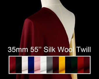 35mm silk wool twill fabric pure solid fabric 55&quot; width for evening dress, shirts, pants, wedding dress, DIY handmade  sell by the yard
