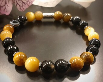 Yellow Tiger Eye, Black Agate and Hematite Bracelet | Crystal Healing Bracelet | Courage and Protection Bracelet | Energy Balancing Jewelry