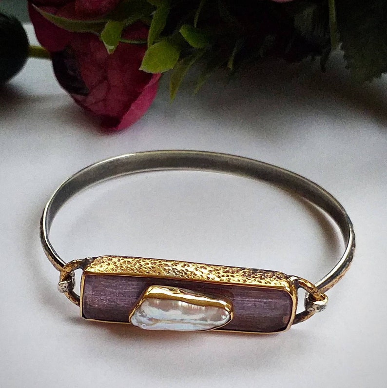 Natural Stone Lithium Amethyst Bracelet Pink Kunzite Stone and Pearl Silver Cuff Bracelet and Chakra Bracelet Custom Design Bracelet