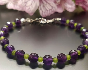 Amethyst and Jade Stone Silver Bracelet | Handmade Dainty Gemstone Jewelry | Love and Balance Bracelet | Healing Crystal Bracelet