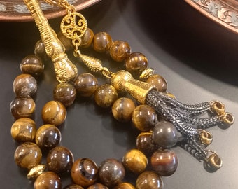 Tigerauge Stein Tasbih mit Gelben Quasten | Geschenk für Papa | Masbaha Tasbih | Sammlerstück 33 Perlen Naturstein Tasbih | Geschenk für Männer