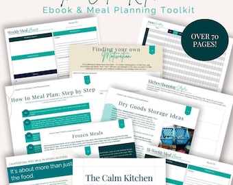 Puede incluir: Un kit de herramientas de planificación de comidas digital titulado The Calm Kitchen, que incluye más de 70 páginas de plantillas imprimibles, como planificadores semanales, listas de compras, inventarios de despensa y guías con texto sobre organización.