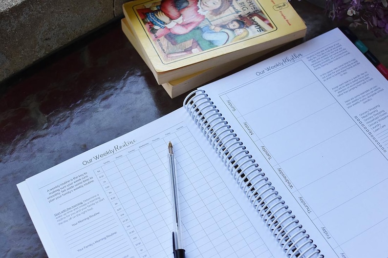 Puede incluir: Planificador abierto con espiral con un dise&ntilde;o de rutina semanal, un bol&iacute;grafo y una pila de libros. Las p&aacute;ginas del planificador son blancas con una cuadr&iacute;cula para la programaci&oacute;n. Los libros tienen p&aacute;ginas amarillentas e ilustraciones coloridas en la portada.