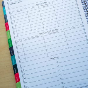 Puede incluir: Planificador de estudio de unidad abierto con secciones para tema, t&iacute;tulos de libros, autores y notas. Incluye secciones para proyectos, actividades y tareas de preparaci&oacute;n. Cuenta con pesta&ntilde;as mensuales de agosto a junio.