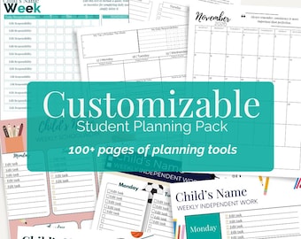 Puede incluir: Una colección de páginas de planificación estudiantil imprimibles que incluyen horarios semanales, listas de tareas y plantillas de calendario. Los documentos contienen texto como Child's Name, Weekly Independent Work, My Weekly Plan y November 2026, con varios diseños en negro, blanco, turquesa y rosa.
