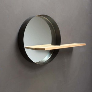 Industrial style_Bathroom or entrance mirror - round metal mirror and natural wooden shelf_Dimensions 70 x 25 x 125 cm long.