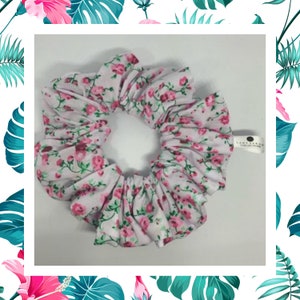 Lady Sarah large very pretty white and pink floral cotton hair scrunchies