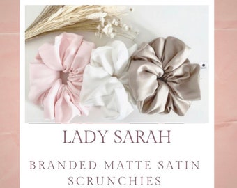 Lady Sarah TOP UP large matte satin personalised logo tag company branded hair scrunchies