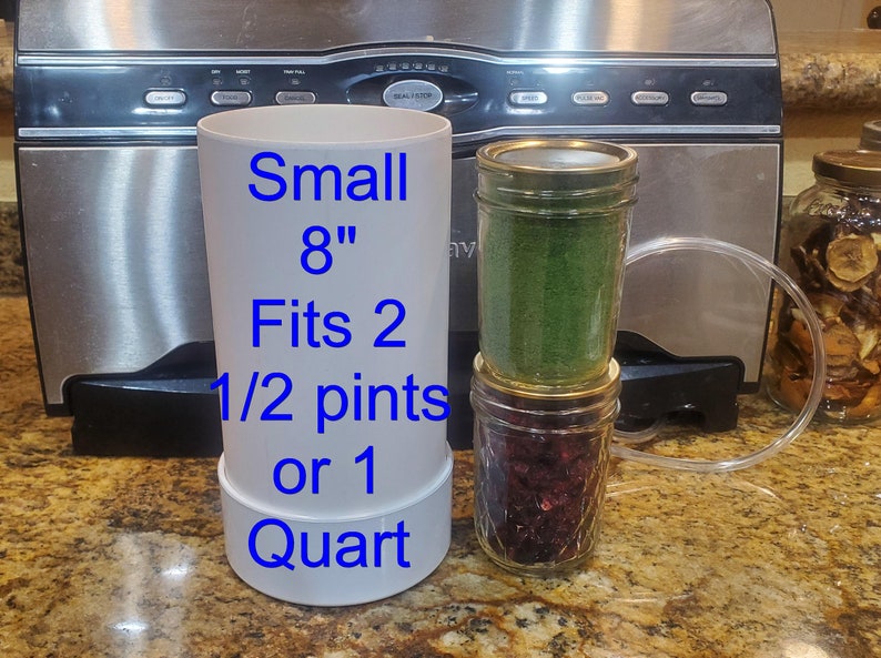 May include: White plastic 8-inch jar with the text "Small 8" Fits 2 1/2 pints or 1 Quart" on the side. Two glass jars with lids are inside the plastic jar. The top jar is filled with green herbs and the bottom jar is filled with red berries.