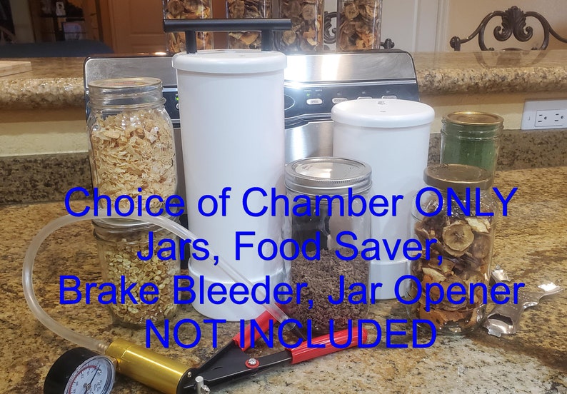 May include: A white food saver vacuum sealer with a choice of chambers, jars, and accessories. The image text reads "Choice of Chamber ONLY Jars, Food Saver Brake Bleeder, Jar Opener NOT INCLUDED".