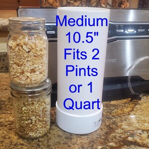 May include: A white plastic vacuum sealer container with the text "Medium 10.5" Fits 2 Pints or 1 Quart". Two glass jars filled with dried onions are in the foreground.