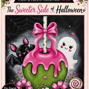 May include: A pre-traced 8 inch by 10 inch canvas titled The Sweeter Side of Halloween by Sassy Heart Designs. The artwork features a green candy apple with pink icing, a straw, a black bat, a white ghost, pink flowers, and candy.
