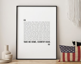 John Denver Country Roads Country Song Lyrics Wall Art Digital Download