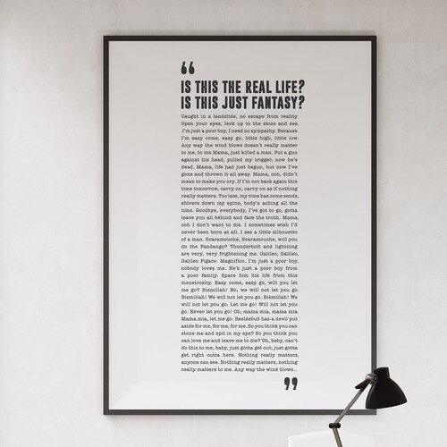 Queen Bohemian Rhapsody Lyrics Song Lyrics Print Typography - Etsy UK