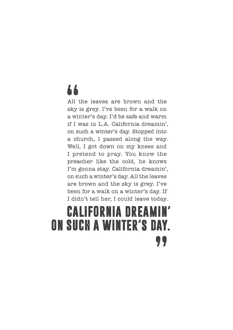 The Mamas And The Papas California Dreamin Paroles California Dreamin The Mamas and the Papas Song Lyrics | Etsy