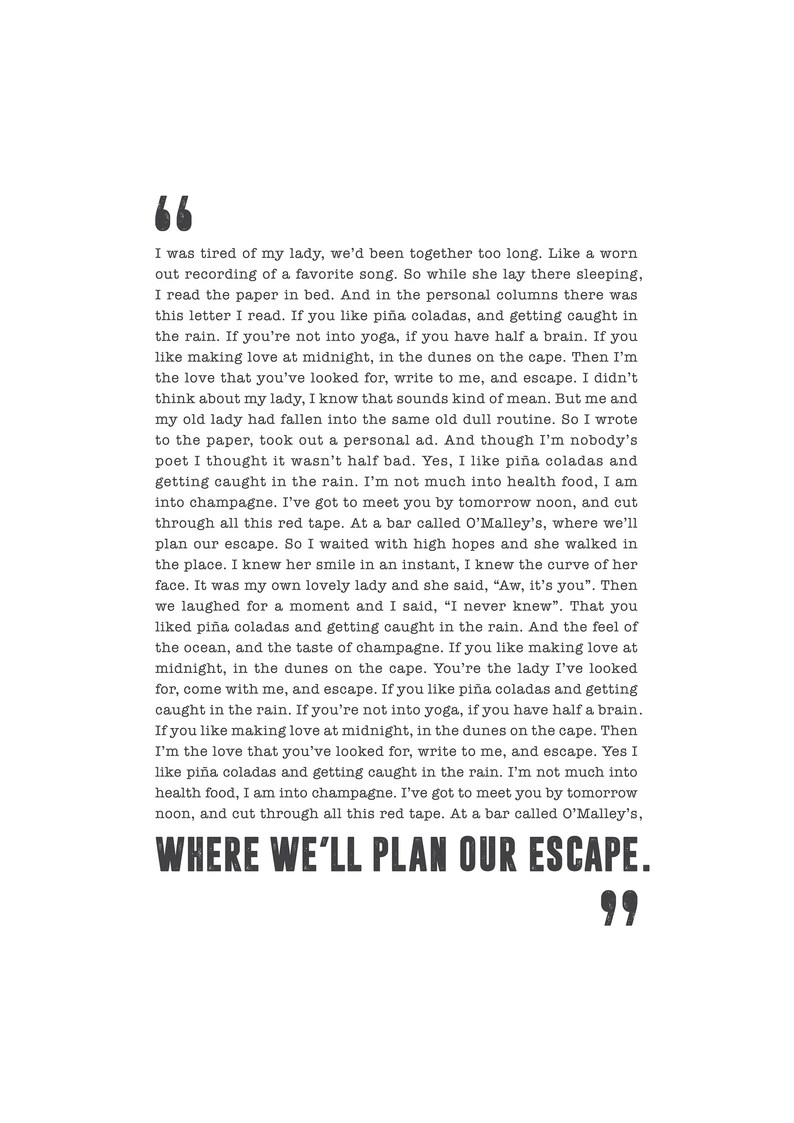 Escape Pina Colada Pina Colada Poster Song Lyrics Print Etsy