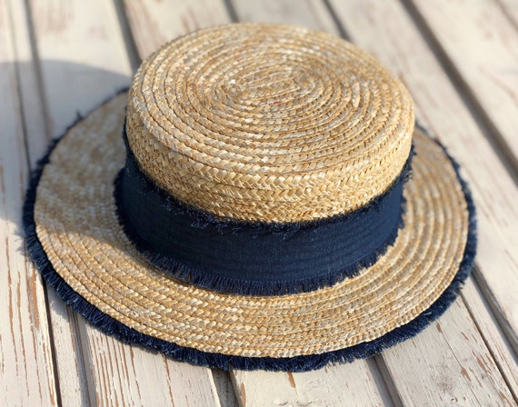 Canotier Hat Denim Fringe Classic Boater Handmade Hat Summer | Etsy