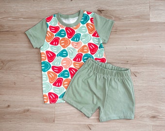 Retro smiles boy outfit, boys two piece summer set, retro smiles Tshirt, retro toddler outfit, sage green & retro smiles Tshirt and shorts