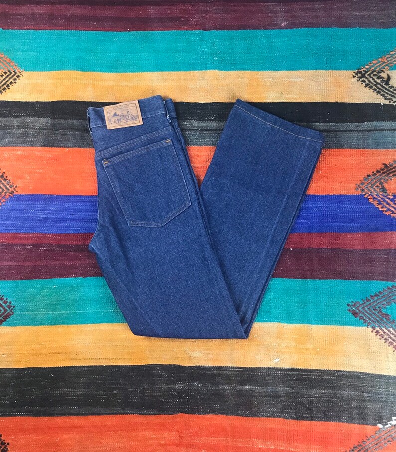 Vintage 70/'s Plain Pockets Jeans Dark Wash Denim Boot Cut Jeans Size 28