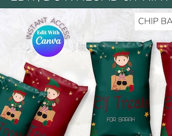 Editable Elf Chip Bag Printable, Christmas Crisp Packet Wrapper, Festive Treat Template, Canva Design