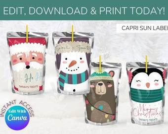 Christmas Capri Sun label. Festive, holiday DIY Editable Canva template