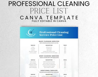 Cleaning Services Price List Editable, Professional Business Canva Template, Small Business Pricing (A4 & US LETTER)