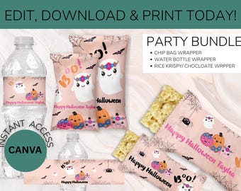 May include: A digital party bundle template featuring a light pink Halloween theme with ghosts, pumpkins, spiders, and webs. Text includes EDIT, DOWNLOAD & PRINT TODAY!, PARTY BUNDLE, Happy Halloween, and BOO!. Includes wrappers for water bottles, chips, and treats.