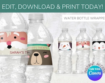 Christmas Water Bottle Labels, Party Drink Wraps (DIY Editable Template)