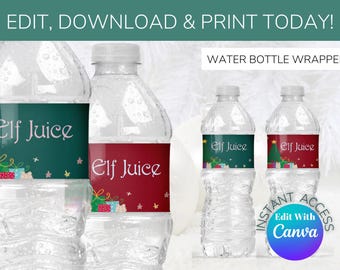 Elf party printable water bottle label. Festive drink template. DIY Editable template, instant download