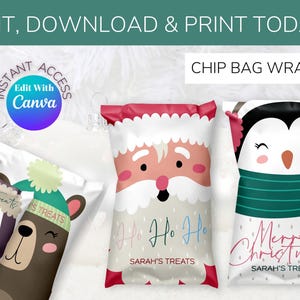 Może przedstawiać: Świąteczne opakowania na torebki z chipsami z Mikołajem, pingwinem, bałwanem i niedźwiedziem. Na torbie Mikołaja widnieje napis "Ho Ho Ho", a na torbie pingwina "Merry Christmas". Każda torba zawiera tekst "Sarah's Treats". Obraz zawiera również tekst "Edit, Download & Print Today!"