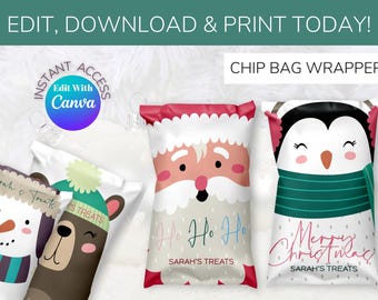 Editable Christmas Chip Bag Template, Santa, Bear, Penguin (Canva Design)