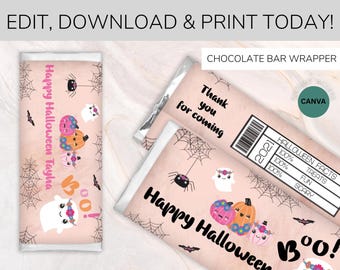 May include: Two rectangular chocolate bar wrappers with a light pink background featuring black spiderwebs, bats, ghosts with flower crowns, and colourful pumpkins. Text includes Happy Halloween, Tayla, Boo, and Thank you for coming.