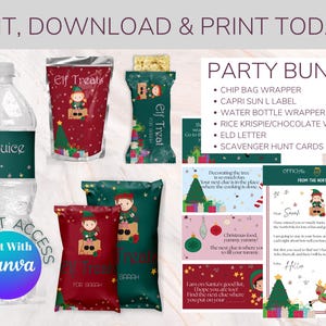 May include: A festive party bundle with Christmas-themed designs. Includes water bottle wrappers, chip bag wrappers, and a letter from the North Pole. The words "Elf Juice" and "Elf Treats" are visible on the packaging. The text "Edit with Canva" is also present.