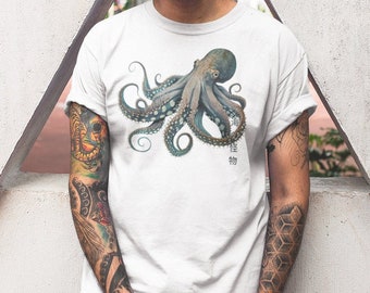 Camiseta de pulpo con arte japonés: Gyotaku con estampado dorado