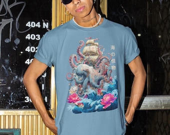 Camiseta de arte japonés de pulpo: Camiseta de monstruo marino Gyotaku Kraken