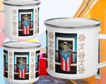 Taza Esmaltada de Puerto Rico: Sol Taino, Sapo de Recuerdo de Rana Coqui