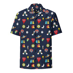 Psychedelic Beach shirt, Trippy Party Tshirt, Retro Hawaiian Tee, Tropical 70s T-shirt, Unisex Button-Up, Colorful Smiley Face, Oversized