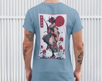 Camiseta de geisha demonio rojo, camiseta de samurái con arte japonés